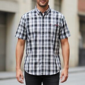 WOLVERINE Plaid Chest Pocket Logo Dress Shirt, Men’s L, Gray White Blue